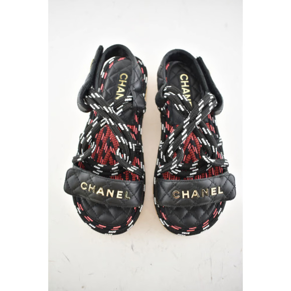 Chanel 20S White Black Cord Rope Quilted CC Logo Mule Slide Strap Sandal Flat 36 - Picture 9 of 12